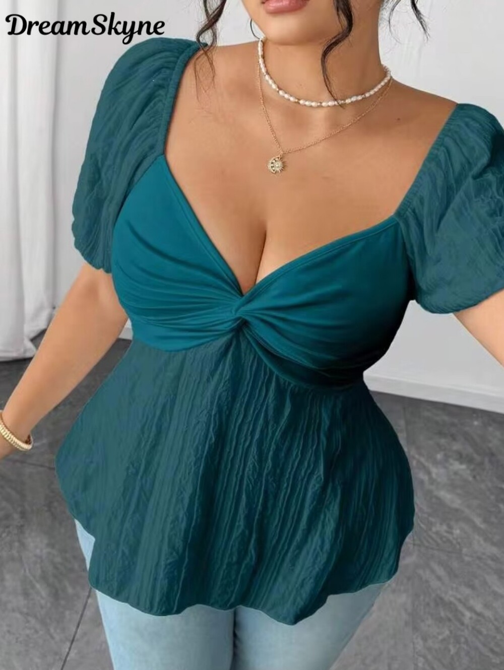 SHEIN Women's Plus Size 4X Teal Twist-Front Puff Sleeve Blouse